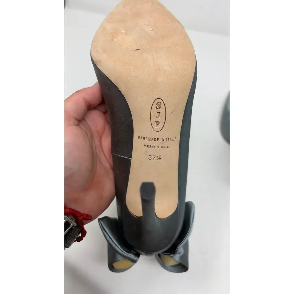 New SJP Lucille grey satin bow classic pumps 37.5 7.5